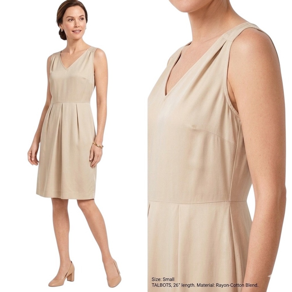 Talbots Petite V Neck Pleated‎ Sheath Dress Beige Minimalist Classic Size 6P